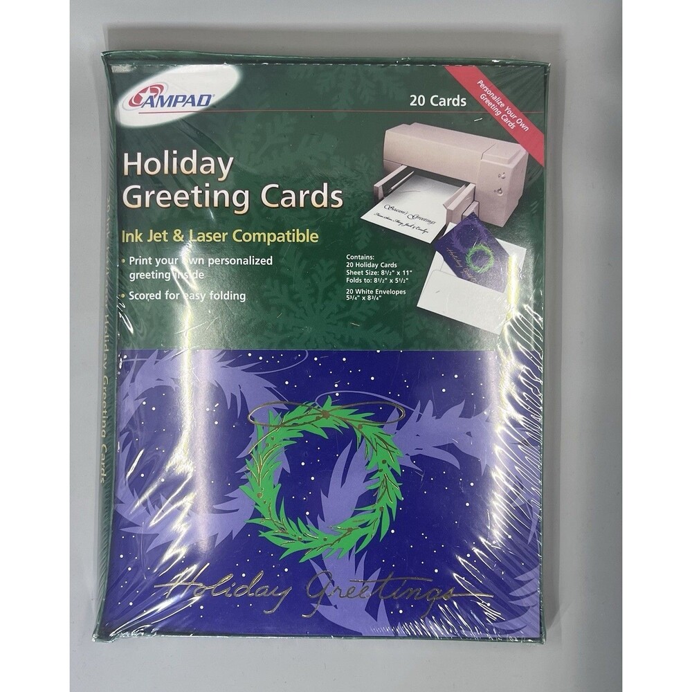 Vintage 2000 AMPAD Holiday Greeting Cards 20 Ct Printable Wreath Sealed NOS